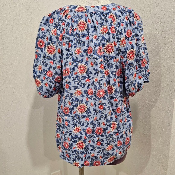 LOFT Women's Floral Print Tie Neck Blouse Top Blue Pink Size L - Picture 3 of 7
